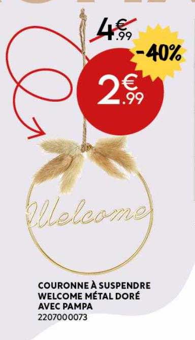 couronne à suspendre welcome métal doré avec pampa