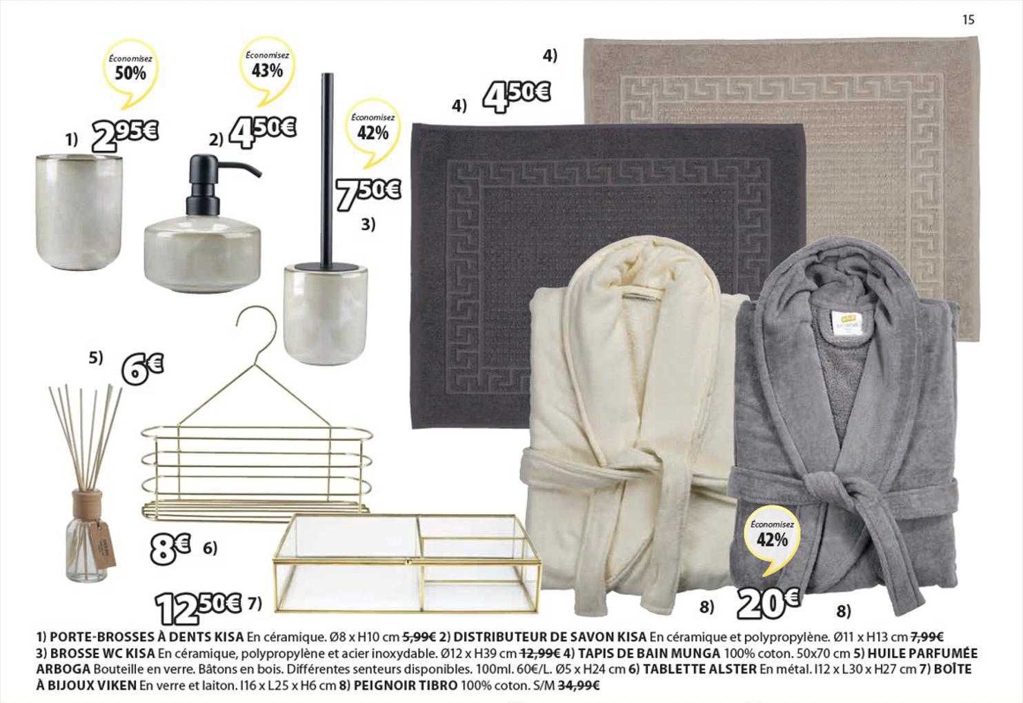 porte-brosses à dents kisa, distributeur de savon kisa, brosse wc kisa, tapis de bain munga, huile parfumée arboga, tablette alster, boîte à bijoux viken, peignoir tibro