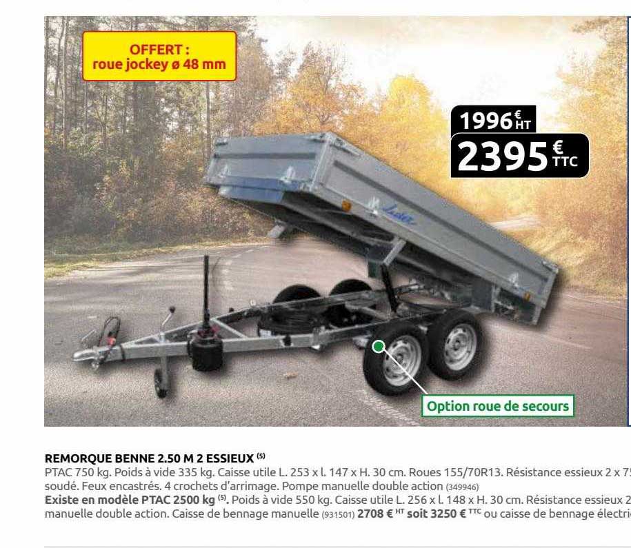 remorque benne 2.50 m 2 essieux