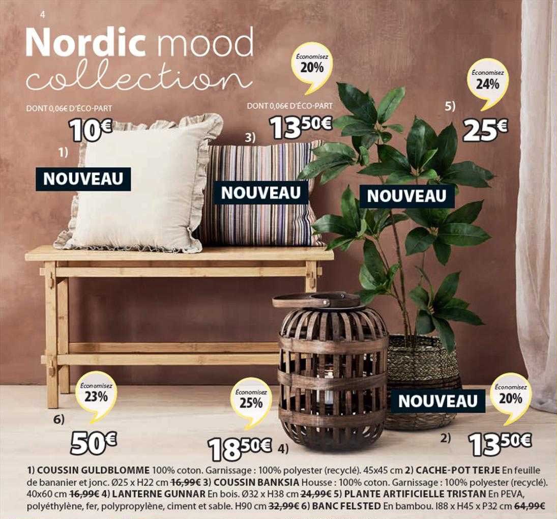 coussin guldblomme, cache-pot terje, coussin banksia, lanterne gunnar, plante artificielle tristan, banc felsted