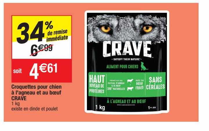 croquettes pour chien à l'agneau et au boeuf crave