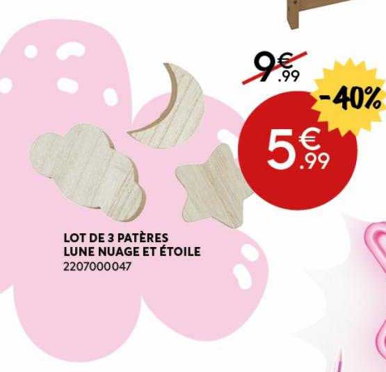 lot de 3 patères lune nuage et étoile