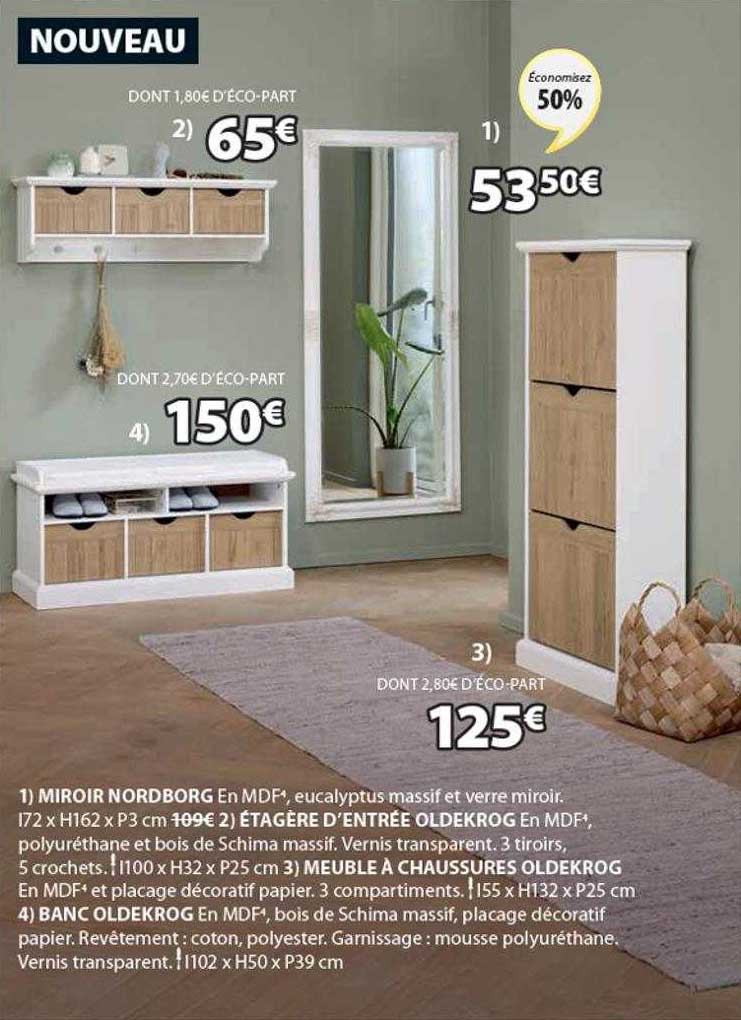 miroir nordborg, étagère d'entrée oldekrog, meuble à chaussures oldekrog, banc oldekrog