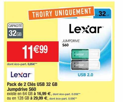 pack de 2 clés usb 32 gb jumpdrive lexar