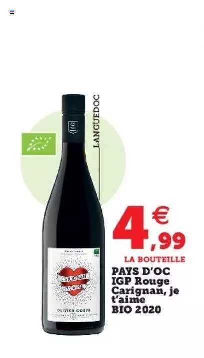 pays d'oc igp rouge carignan, je t'aime bio 2020