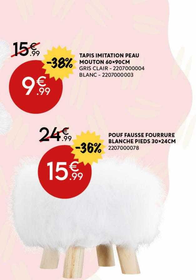 tapis imitation peau mouton, pouf fausse fourrure blanche pieds