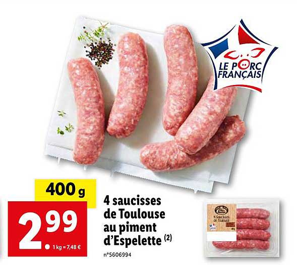 4 saucisses de toulouse au piment d'espelette