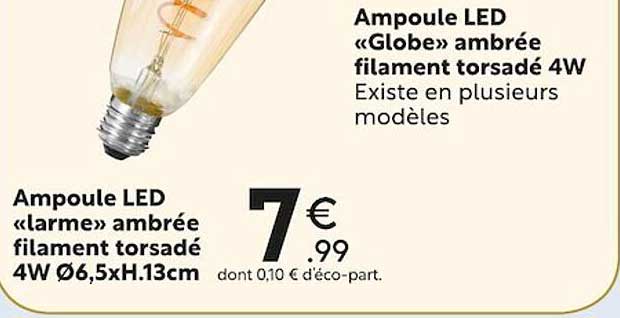 ampoule led «larme» ambrée filament torsadé 4w ø 6,5 x h. 13 cm, ampoule led «globe» ambrée filament torsadé 4w