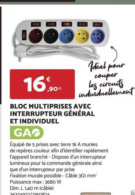 bloc multiprises avec interrupteur général et individuel