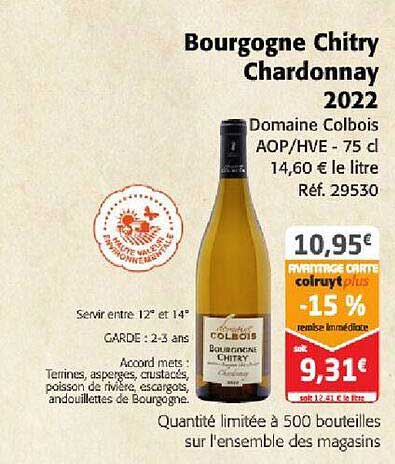 bourgogne chitry chardonnay 2022 domaine colbois aop-hve