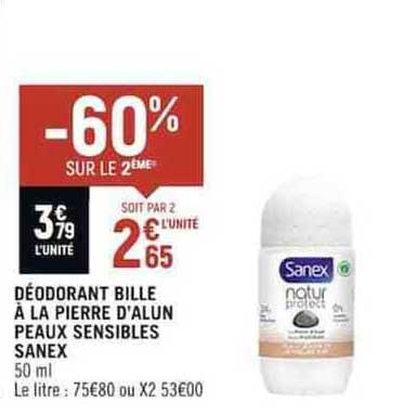 déodorant bille à la pierre d'alun peaux sensibles sanex