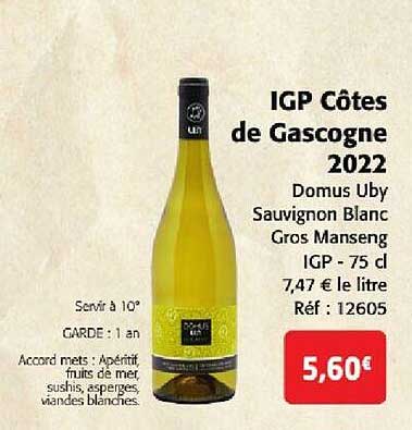 igp côtes de gascogne 2022 domus uby sauvignon blanc gros manseng