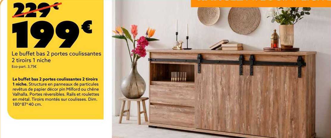 Le Buffet Bas 2 Portes Coulissantes 2 Tiroirs 1 Niche