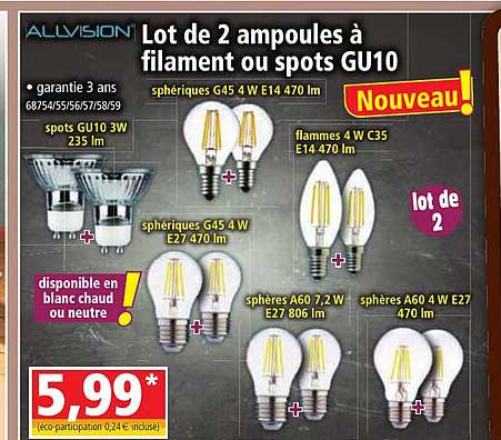 lot de 2 ampoules à filament ou sports gu10 allvision