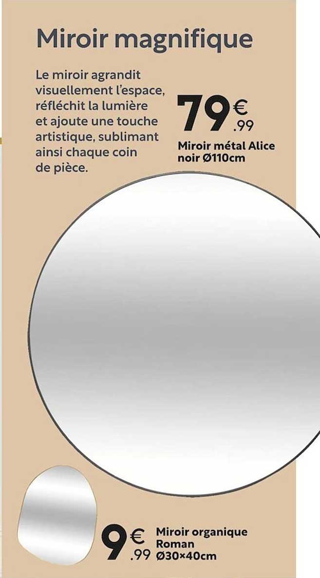 miroir métal alice noir ø 110 cm, miroir organique roman ø 30 x 40 cm