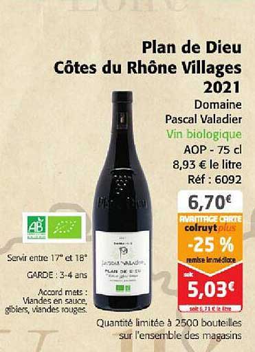 Plan De Dieu Côtes Du Rhône Villages 2021 Domaine Pascal Valadier