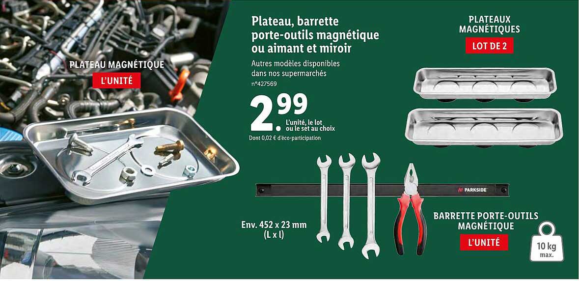 plateau, barrette porte-outils magnétique ou aimant et miroir parkside