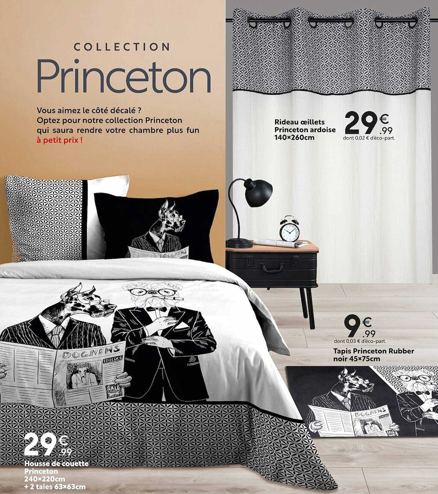 rideau oeillets princeton ardoise 140 x 260 cm, tapis princeton rubber noir 45 x 75 cm, housse de couette princeton 240 x 220 cm