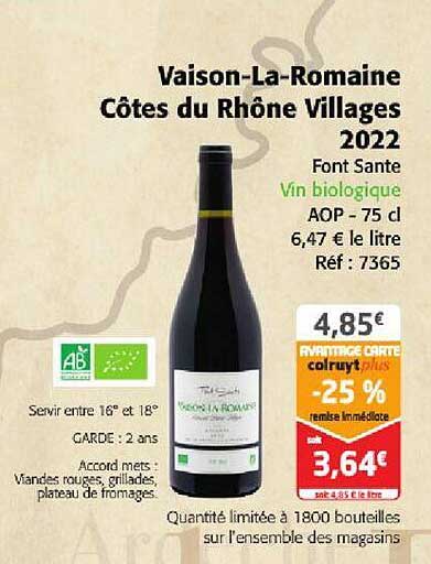 vaison-la-romaine côtes du rhône  villages 2022 font sante vin biologique aop