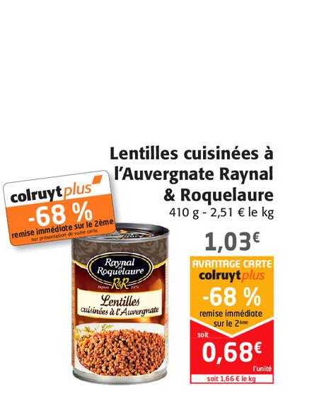 lentilles cuisinées à l'auvergnate raynal & roquelaure -68% remise immédiate sur le 2ème
