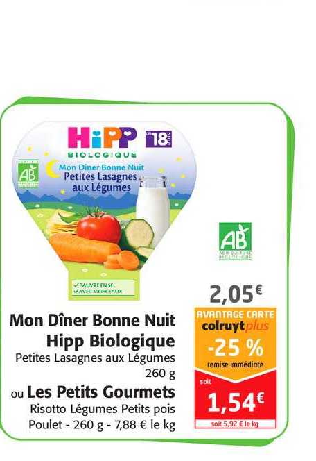 mon dîner bonne nuit hipp biologique ou les petits gourmets -25% remise immédiate