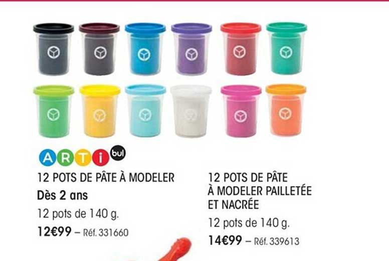 12 pots de pâte à modeler, 12 pots de pâte à modeler pailletée et nacrée artibul