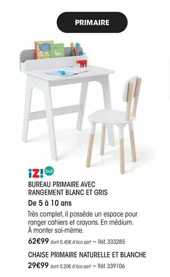 bureau primaire avec rangement blanc et gris iz! bul