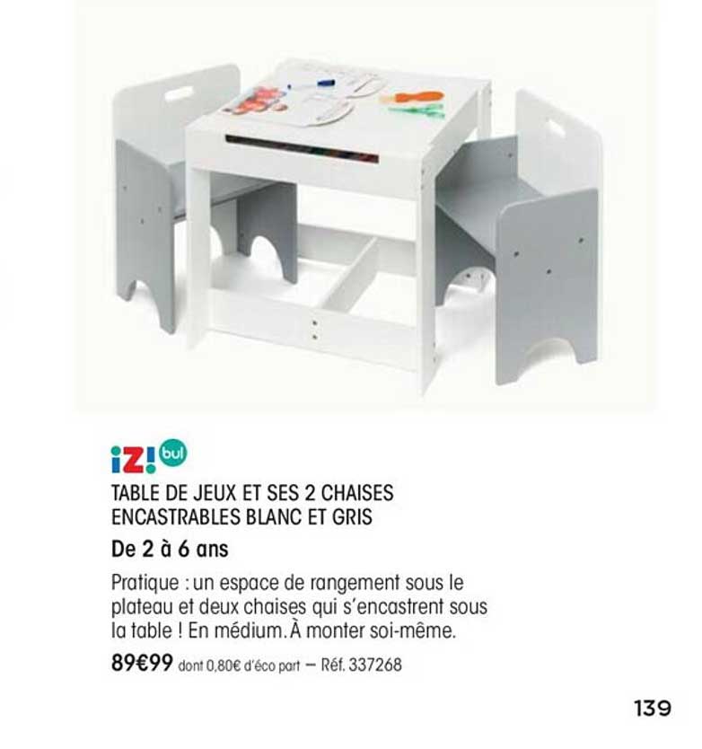 table de jeux et ses 2 chaises encastrables blanc et gris iz! bul