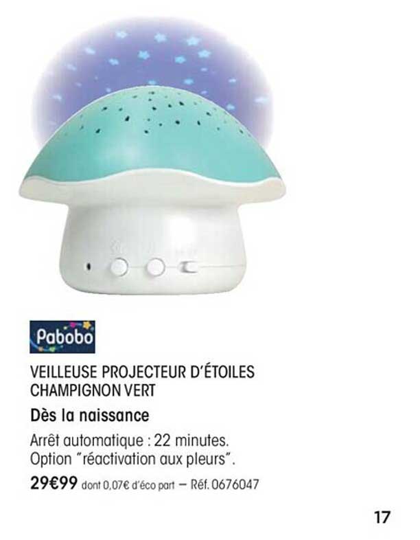 veilleuse projecteur d'étoiles champignon vert pabobo