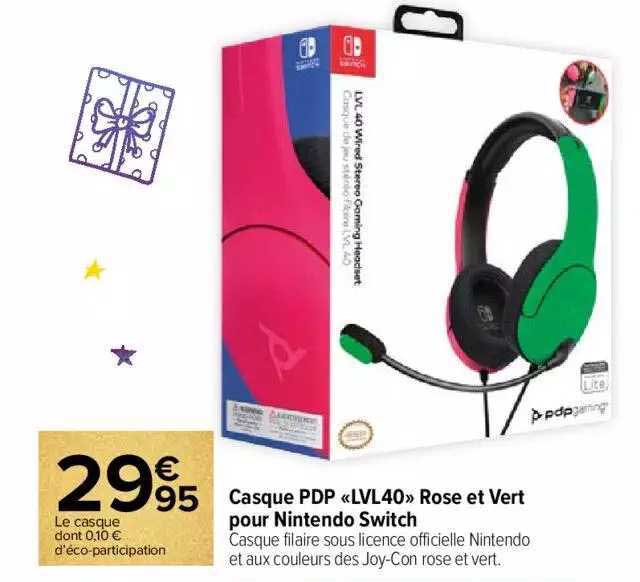 casque pdp «lvl40» rose et vert pour nintendo switch