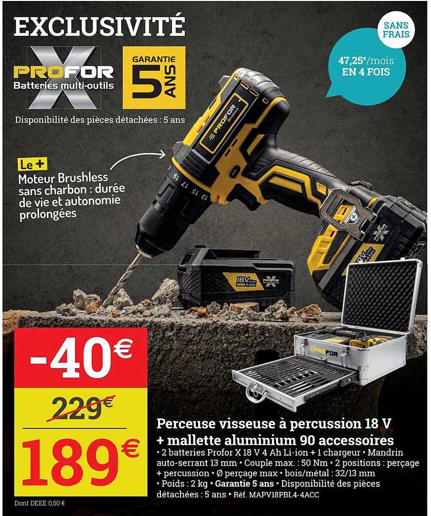 perceuse visseuse à percussion 18v + mallette aluminium 90 accessoires profor