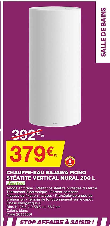 chauffe-eau bajawa mono stéatite vertical mural 200l sauter