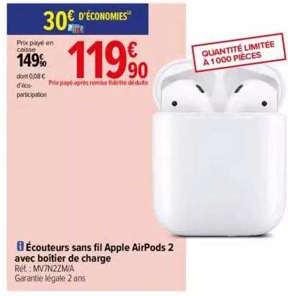 écouteurs sans fil apple airPods 2 avec boîtier de charge