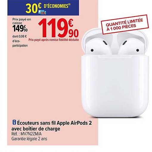 écouteurs sans fil apple airPods 2 avec boîtier de charge