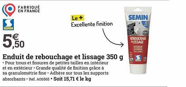 enduit de rebouchage et lissage 350 g semin