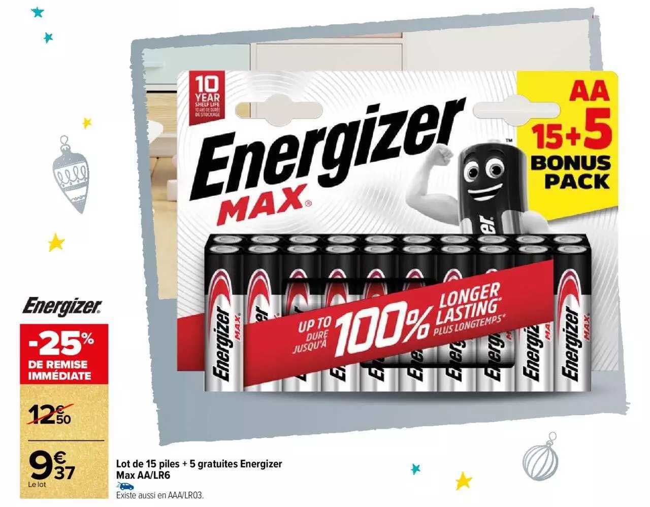 lot de 15 piles + 5 gratuites energizer max aa-lr6