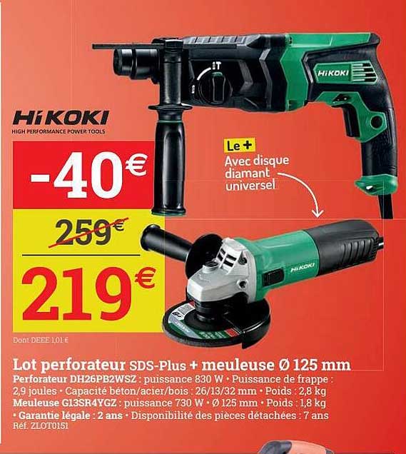 lot perforateur sds-plus + meuleuse ø 125 mm hikoki