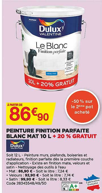 peinture finition parfaite blanc mat 10l + 20% gratuit dulux valentine