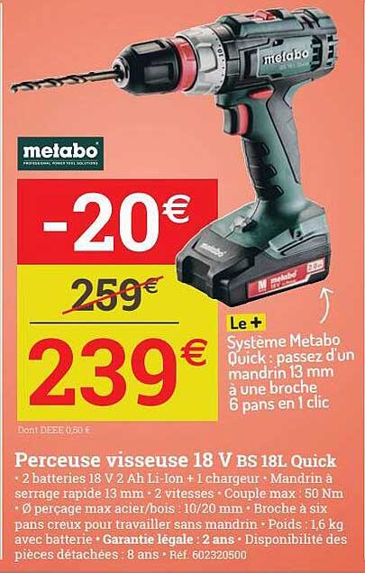 perceuse visseuse 18v bs 18l quick metabo