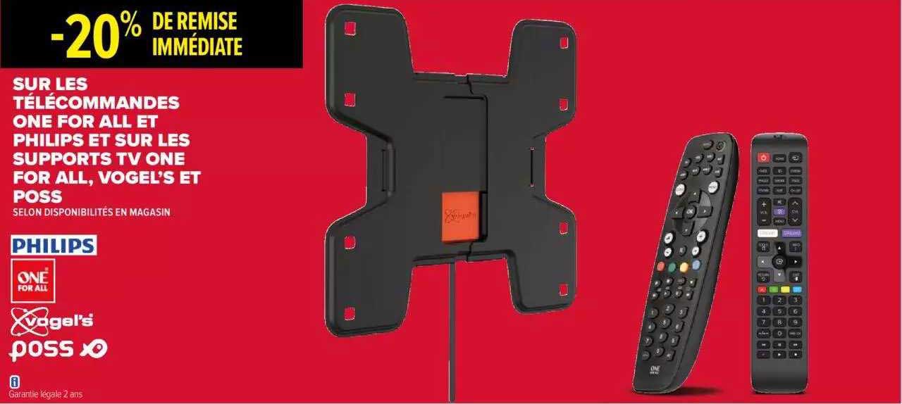 télécommandes one for all et philips et sur les supports tv one for all, vogel's et poss