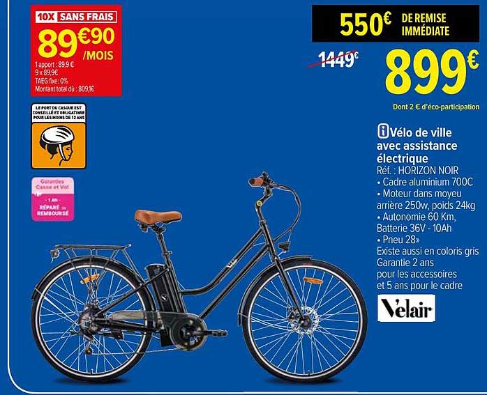 vélo de ville avec assistance électrique velair