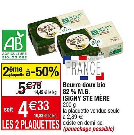 beurre doux bio 82% m.g. isigny ste mère