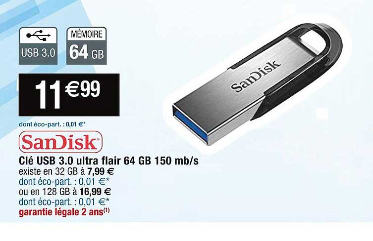 clé usb 3.0 ultra flair 64 gb 150 mb/s sandisk