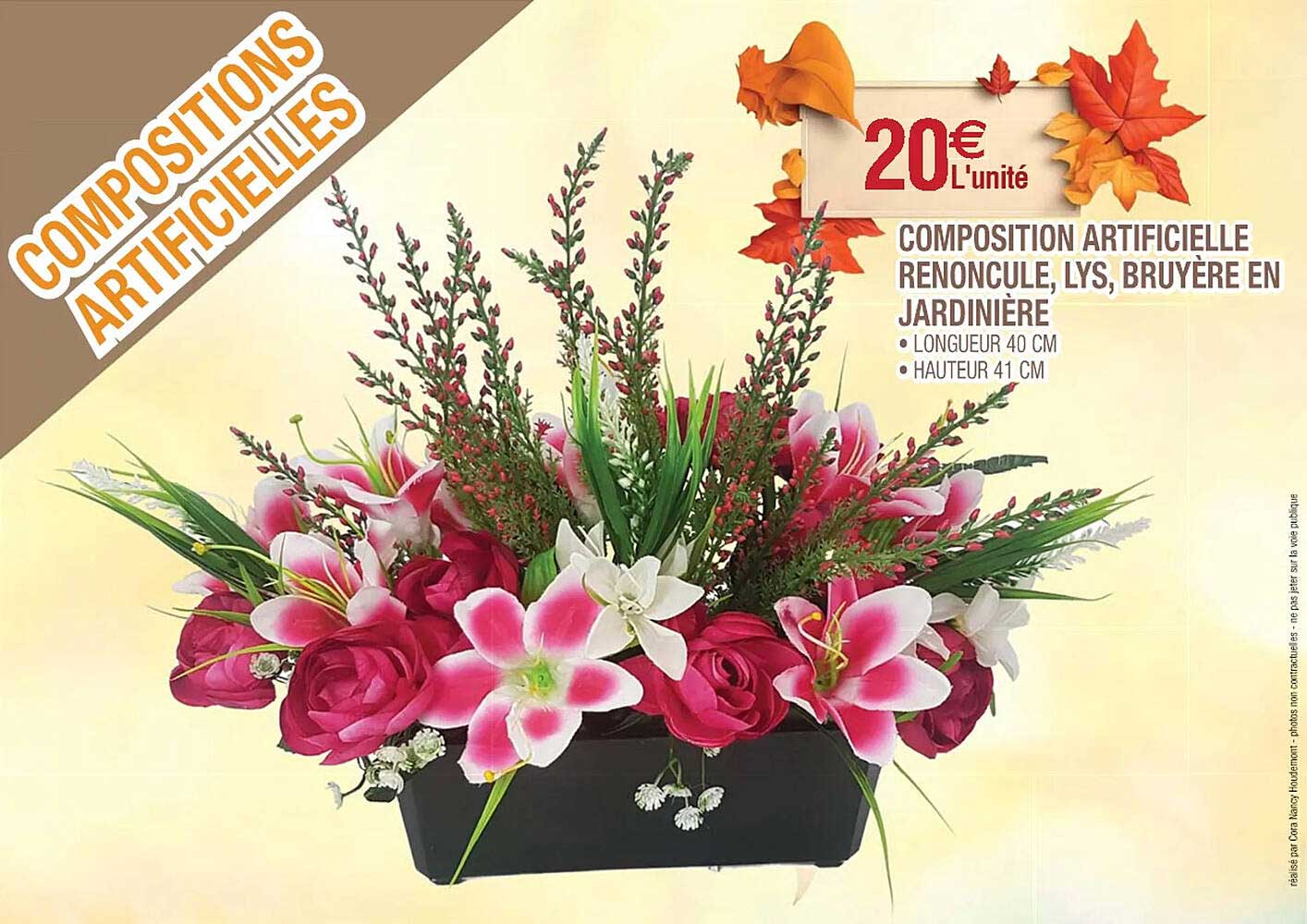composition artificielle renoncule, lys, bruyère en jardinière