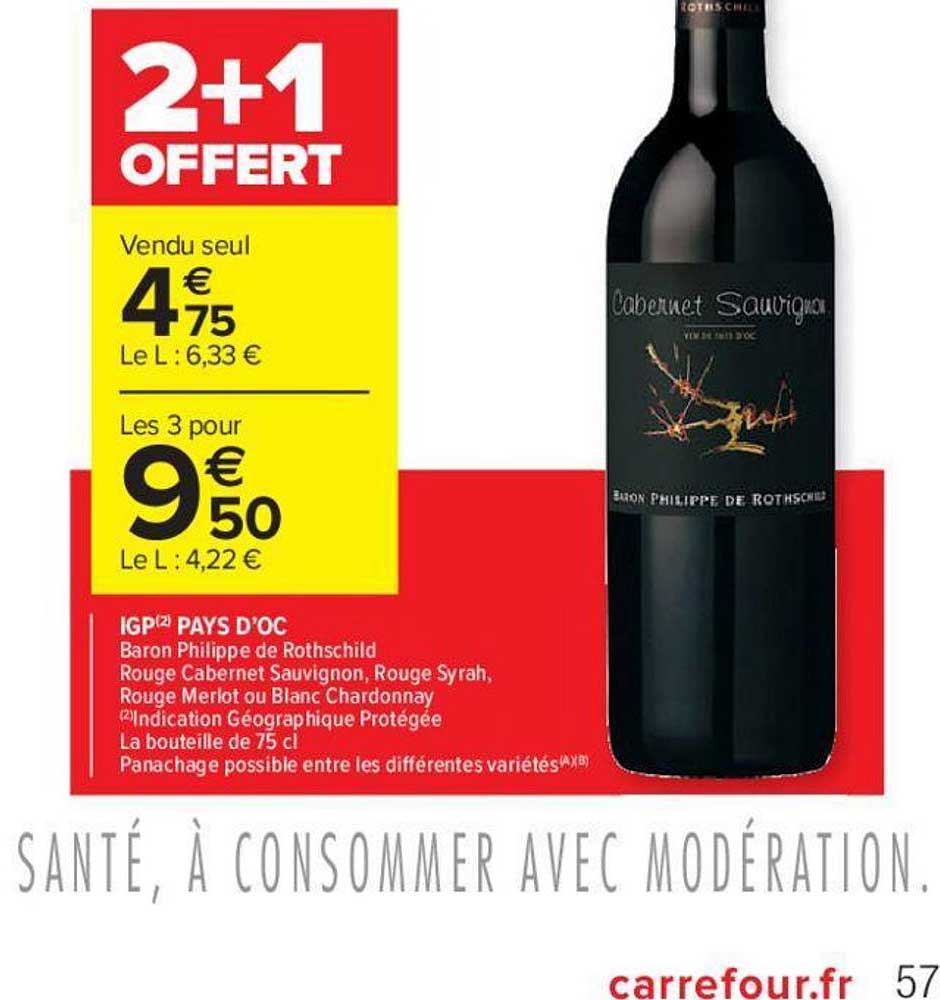 igp pays d'oc baron philippe de rothschild 2+1 offert