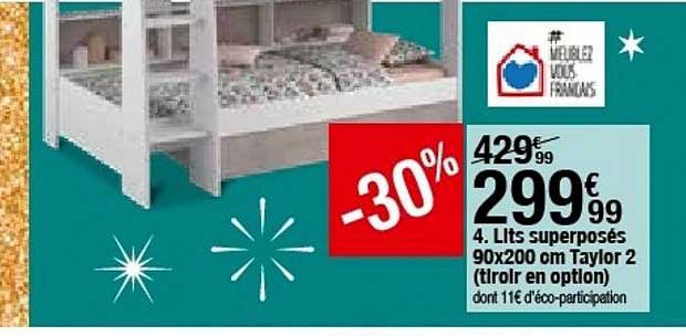 lits superposés 90x200 cm taylor 2 (tiroir en option)