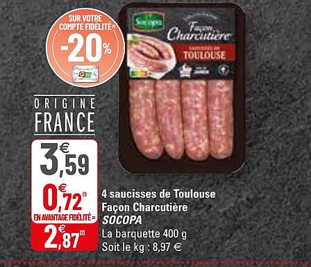 4 saucisses de toulouse façon charcutière socopa