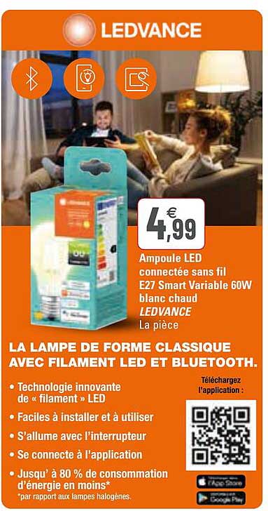 ampoule led connectée sans fil e27 smart variable 60w blanc chaud ledvance