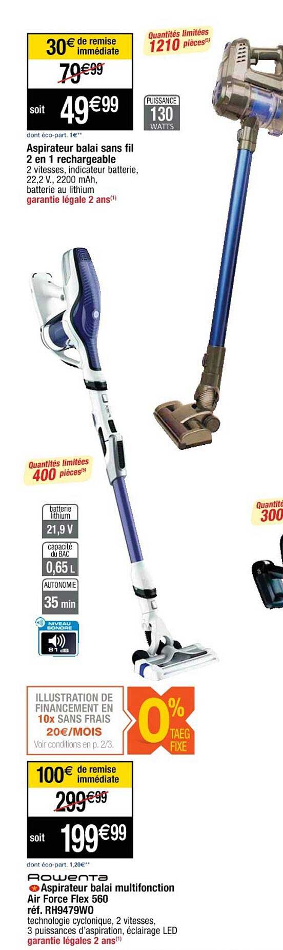 aspirateur balai sans fil 2-en-1 rechargeable , aspirateur balai multifonction air force  flex 560 rowenta