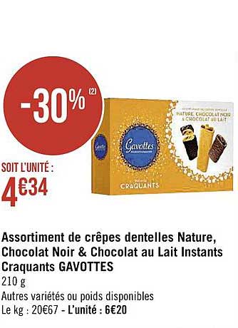 assortiment de crêpes dentelles nature, chocolat noir & chocolat au lait instants craquants gavottes